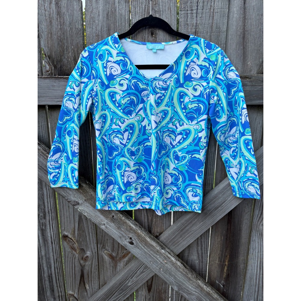 Anthonys Resort Wear UPF 50+ Blue Green Swirl Heart Print V-Neck Top Small